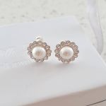 C345 - 925 Sterling Silver Pearl & Crystal Stud Earrings Size 12MM