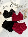 2 Sets Women's Elegant Solid Satin Pajama Set Bow Tie Front V Neck Crop Cami Top & Shorts Comfortable Relaxed Fit Summer Nightwe