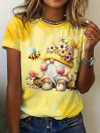 Bee & Gnome Print Crew Neck T-Shirt Casual Short Sleeve T-Shirt For Spring & Summer Women's Clothing