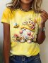 Bee & Gnome Print Crew Neck T-Shirt Casual Short Sleeve T-Shirt For Spring & Summer Women's Clothing