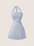 Solid Color Halter Neck Dress Casual Backless Cinched Waist MINI Dress For Spring & Summer Women's Clothing