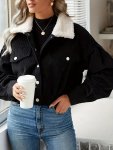 Button Front Fuzzy Lapel Jacket Casual Long Sleeve Crop Jacket For Fall & Winter Women's Clothing