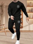 Men's Casual Polyester Sleep Set With Cartoon Print Crew Neck Sweatshirt And Drawstring Jogger Pants - 100% Polyester Knit Fabri
