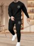 Men's Casual Polyester Sleep Set With Cartoon Print Crew Neck Sweatshirt And Drawstring Jogger Pants - 100% Polyester Knit Fabric Pajama Set With Slight