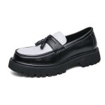 Boaobaihuo Mens Leather Slip-on Platform Dress Tassels Loafers Non-slip Low Top Round Toe Chunky Penny Shoes For Business Casual