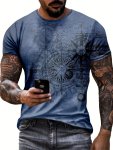Men's Retro Sketch Style Compass Graphic Pattern Crew Neck Short Sleeve T-Shirt Chic And Stylish Tops For Summer Daily Wear Tees