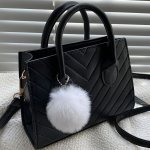 Chevron Quilted Tote Bag For Women Fashion Solid Color Crossbody Bag Top Handle Square Purse With Plush Ball Pendant