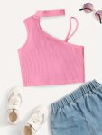 Chic Asymmetric Shoulder Tank For Girls Solid Halter Crop Top Breathable & Comfy For Daily Sports