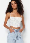 Crop Lined Corset Detailed Knitted Lace Bustier - Ecru
