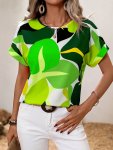Colorblock Crew Neck Loose Blouse Casual Short Sleeve Blouse For Spring & Summer Women's Clothing