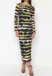 Printed Tulle Fitted Dress - Yellow & Black