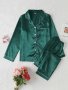 Women's Solid Satin Casual Pajama Set Long Sleeve Buttons Lapel Top & Pants Comfortable Relaxed Fit For Fall