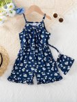 Girls Stylish Holiday Vibes Allover Flowers Pattern Ruffle Hem Cami Romper & Bag For Spring & Summer