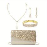 4PCS Luxury Rhinestone Evening Bag With Jewelry 1 Set Glitter Clutch Purse With Sparkly Earrings Necklace And Bracelet For Weddi