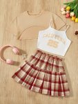 5-14Y Girls Athleisure Outfit Crop Tee + Camisole + Plaid Pleated Skirt Set Preppy Style