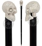 Vintage Skull Head Design Walking Stick - Black Wooden Hardwood Shaft Cane With Solid Brass Silver Skull Handle