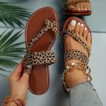 Women's Leopard Print Slide Sandals Stylish Ankle Strap Beach Shoes Flat Loop Toe Slide Sandals