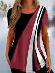 Color Block Crew Neck T-Shirt Casual Short Sleeve Top For Spring & Summer Women's Clothing