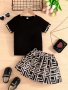 Little Girl 2-PIECE Color Block Short Sleeve Solid T-Shirt + Geometric Skirt Set Summer Outfit Set