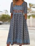 Paisley Print Crew Neck Dress Casual Short Sleeve Pocket Design Dress For Spring & Summer Women's Clothing