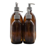 4 Piece Bathroom Soap & Conditioner Set - Amber With White Pump Dispensers