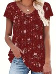 Plus Size Floral Print Ruched V Neck T-Shirt Casual Short Sleeve Top For Spring & Summer Women's Plus Size Clothing