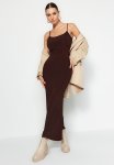 Brown Fitted Strap Maxi Knitted Pencil Dress