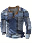 Vintage 3D Denim Style Graphic Print Men's Color Block Long Sleeve Crew Neck Henley Shirt Spring Fall Outdoor