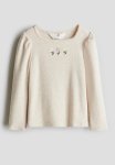 Picot-trimmed Jersey Top - Light Beige Flowers