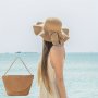 2PCS Khaki Color Bowknot Decor Sun Hat Crossbody Bag 1PC Foldable Wide Brim Straw Hat & 1PC Minimalist Straw Bag Combination