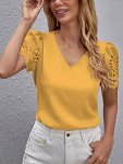 Solid Color Eyelet V Neck T-Shirt Casual Short Sleeve T-Shirt For Spring & Summer Women's Clothing