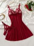Women's 2 Pieces Burgundy Court Style Mature Charming Set - Luxurious Sexy Nightgown Embroidered Bow Non-wired Bra