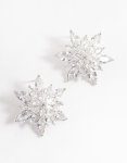Silver Diamond Simulant Large Flower Stud Earrings