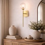 Ribbed Glass Wall Light With Brass Stem Modern Globe Wall Lamp