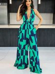 Color Block Wide Leg Halter Jumpsuit Sexy Backless Plunging V-neck Jumpsuit Women's Clothing