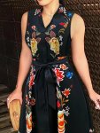 Graphic Print Button Front Dress Elegant Sleeveless Belted Dress For Spring & Summer Women's Clothing