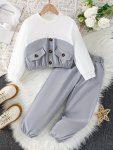 Girl's Outfit Chic & Cool Splicing Long Sleeve Top + Jogger Trousers 2 Pcs Set - Versatile Comfy For Spring Fall Casual Wear As