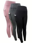 3PCS Solid Color Pocket High Waist Stretchy Sports Tight Pants Slimming Yoga Fitness Workout Gym Exercise Leggings Women's Activ