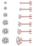 6 Pairs Hypoallergenic Cubic Zirconia Earrings Surgical Steel Flat Back Studs For Cartilage Screw Back Fashion Jewelry