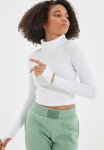 Fitted Crop Turtleneck Finger Detailed Ribbed Stretchy Blouse - White