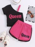 Girls 2PCS Outfits Adorable One-shoulder Short Sleeve Top And Elastic Waist Short Sets Kids Summer Clothes