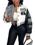 Perbai Women's Cropped Varsity Jacket Colorblock Letter Print Button Down Letterman Bomber Coat With Pockets Y2K Streetwear 03GR