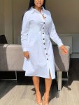 Plus Size Button Front Solid Collared Dress Casual Long Sleeve Dress For Spring & Fall Women's Plus Size Clothing