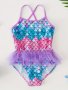 Girls Trendy & Dreamy Fish Scale Print 1-piece Tutu Swimsuit For Summer Gift 1-8y