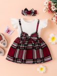 2PCS Infant Baby Girls Splicing Suspender Dress Fly Sleeve Bow Plaid Dress & Headband Set Toddler Clothes