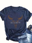 Cow Skull Print Crew Neck T-Shirt Short Sleeve Casual Top For Spring & Summer Women's Clothing