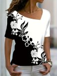 Floral Print Color Block T-Shirt Casual Asymmetrical Neck Short Sleeve Top For Spring & Summer Women's Clothing