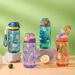 1PC 600ML 20.29OZ Cartoon Transparent Sports Water Bottle Cute Leakproof Water Cup With Straw And Bounce Lid For Outdoor Sports