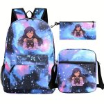 3PCS Anime Backpack Set Backpack With Crossbody Bag And Pen Bag Cute Cartoon Girl Print Backpack Lightweight Student Backpack La