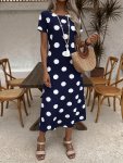 Polka-dot Print Crew Neck Dress Casual Short Sleeve A-line Dress For Spring & Summer Women's Clothing